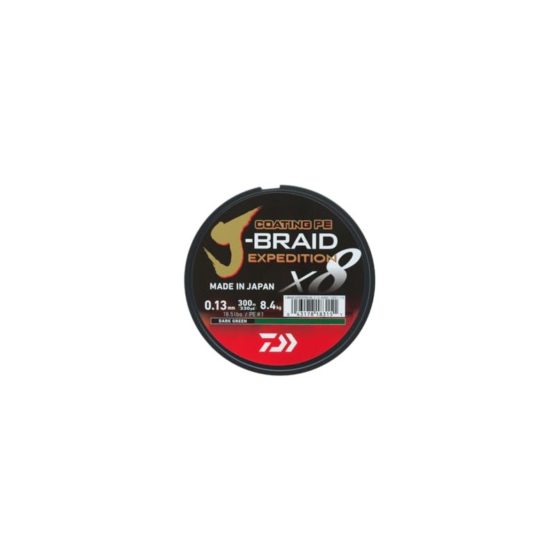 DAIWA J-Braid Expedition X8E, 0.35mm, 36.0kg/79.5lbs, 300m, Dark Green, Braided