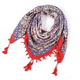 Scarf for Women - 45" Large Square Bohemian Floral Shawl Wraps Blanket Lightweight Scarves for Ladies Tassel Head Scarf Red