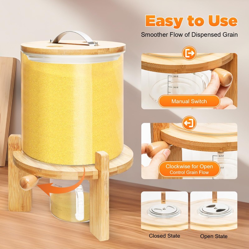 Glass Rice Dispenser with Airtight Lid, Wooden Stand & Measuring