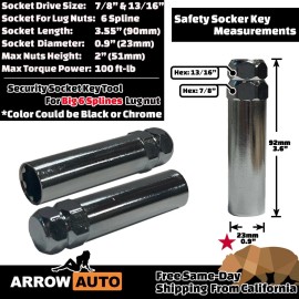 Arrow 1x 7/8" & 13/16" Hex Socket Key Fits 2" 6 Splines Tuner Lug Nuts