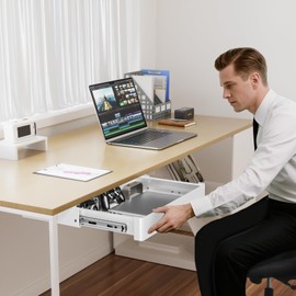 PUTORSEN Under Desk Storage Drawer 15.7" Wide - Smooth Slide Out Organizer for Standing Desk & Home Office,Max Load 17.6 lbs,Quiet Glide, White