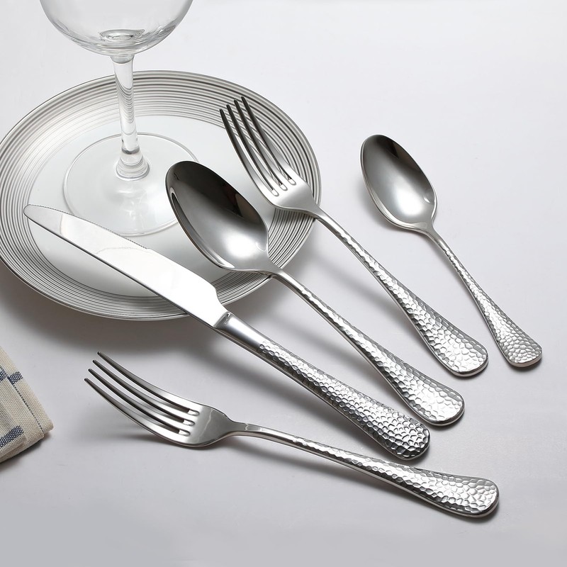 Mafier Premium 45 Piece Hammered Silverware Set with Smooth Edge,