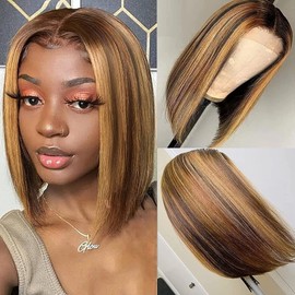 FASHION IDOL Bob Lace Front Wig Real Hair Pre-Plucked 20 cm Short Bob Wig for Women Glueless T Part HD Lace Brazilian Virgin Brain