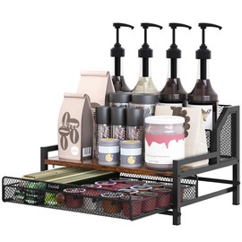 TQVAI Coffee Syrup Organizer, 35 Capsule 2-Tier K Cup Holder with Sliding Pod Drawer & Dividers, Wooden Coffee Bar Station Organizer for Countertop, Vintage/Black