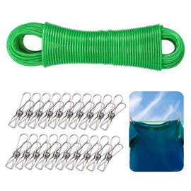 Washing Line Extra Strong, 3 mm x 30 m Washing Line with Steel Core, Washing Line, with 20 Clips, Washing Line with Steel Core, Outdoor Replacement Line for Garden, Camping (Green)