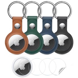 BuFan Airtag Holder with Keychain and Lock, [4 Pack] Funda Protectora de Cuero PU AirTag con llaveros para Cartera, Collar de Perro, Equipaje y Llaves (Marrón/Negro/Azul/Verde)