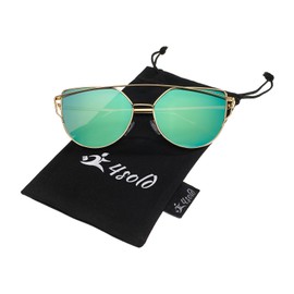 4sold Cat Eye Metal Edge Frame Women's Fashion Sunglasses Mirrored Lens Women Sunglasses with Gold Frame Pink Lens, Green