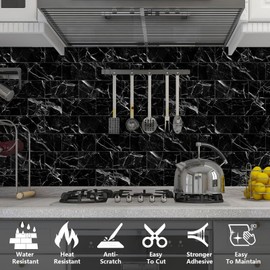 URCOLOR 64-Piece Peel and Stick Backsplash Wall Tile, 4"x 8" PVC Glossy Black Marble Stick on Subway Tiles for Kitchen, Bathroom, Laundry Room, Camper, Fireplace