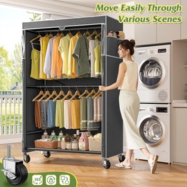 Raybee 80.32" H Clothes Rack with Cover,Rolling Clothing Racks for Hanging Clothes with Wheels,Heavy Duty Portable Garment Rack 35.4" Wx15.75 Dx80.32 H,Black
