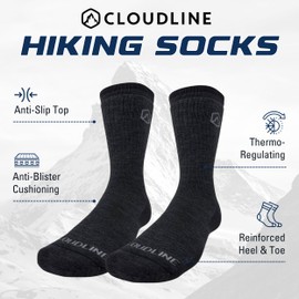 CloudLine - Merino Wool Hiking Socks for Men & Women - Light Cushioned, Merino Wool, Seamless, Moisture Wicking & Breathable