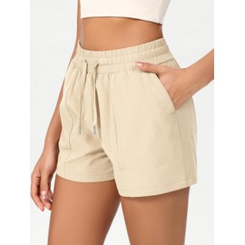 ODODOS Stretch Woven Athletic Shorts for Women High Waist Summer Lightweight Casual Shorts with Pockets, Beige, X-Small