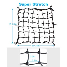 15.7"x15.7" Cargo Net, Heavy Duty Bungee Net Stretches to 31.5"x31.5", Gear Helmet Luggage Thicken Netting with 3"x3" Small Mesh & 6 Adjustable Metal Hooks for Motorcycle, Bike, ATV