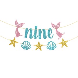 WeBenison Mermaid Nine Birthday Banner/Girl's 9th Birthday Banner Bunting/Ocean Nine Sign/Under The Sea Mermaid 9th Birthday Anniversary Party Decorations/Blue Pink Gold Glitter (Nine)