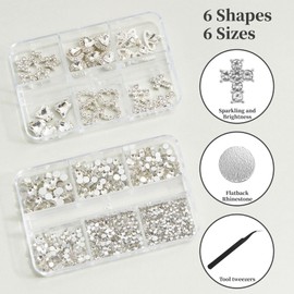 QIUTIMIY 30 PCs 3D Luxury Nail Art Charms + 650 PCs Rhinestones and Tweezers Kit Crystals Diamonds Jewelry Stones(White)