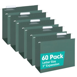 HERKKA Extra Capacity Hanging File Folders, 60 Pack Reinforced Letter Size Hanging Folders with Heavy Duty 3 Inch Expansion, Designed for Bulky Files, Medical Charts, Green
