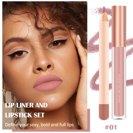 Prreal 2 x Lip Liner and Lipstick Makeup Set, Matte Liquid Lipstick + Matching Lip Liner, Nude Velvety Lipstick Makeup Kit Gift Set, Waterproof, Long Lasting Labiales Mate 24 Horas Original (01)