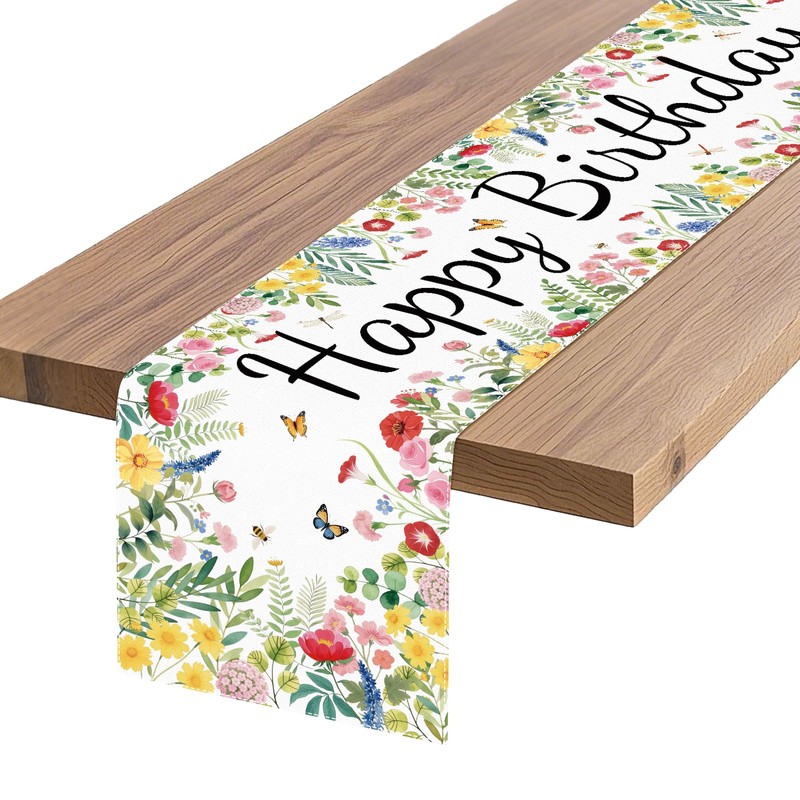 Happy Birthday Table Runner, Floral Garden Flowers Design Kitchen Dining