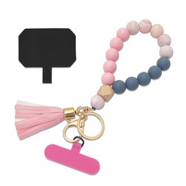 Nalefow Phone Lanyard Silicone Beaded Phone Wrist Strap Cute Elastic Cell Phone Wristlet Chain Bracelet with 2 Tether Tab (Colorful Pink)