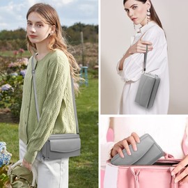 HNOOM Handytasche mit Geldbörse zum Umhängen RFID Schutz Geldbeutel Damen Handy Umhängetasche mit 18 Kartenfächer Crossbody Geldbörse Damen groß viele fächer Leder Passt Handy unter 6,9" (Grau)