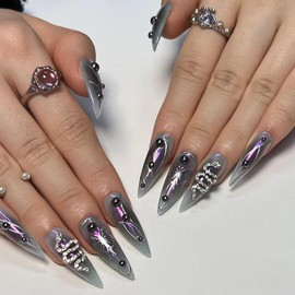 Pack of 24 Stiletto Nails, Long Snake Shape Fake Nails, Shiny Artificial Nails, Fully Covered False Nails with Rhinestone Design for Women and Daily Decoration