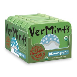Organic Breath Mints by VerMints, Wintergreen Flavor, All Natural, Non-GMO, Nut Free, Gluten Free, Vegan, KSA Kosher, Pack of 6, 1.41oz Tins