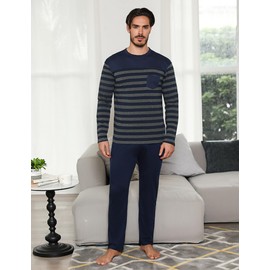 Irdcomps Men's Pyjamas Long Cotton Winter Two-Piece Sleepwear Men's Set Long Sleeve Striped, A-navy blue, XL