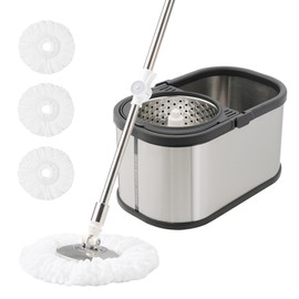 Stainless Steel Spin Mop and Bucket with Wringer Set, 360° Spinning Mop Bucket Floor Cleaning System with 4 Microfiber Mop Replacement Heads
