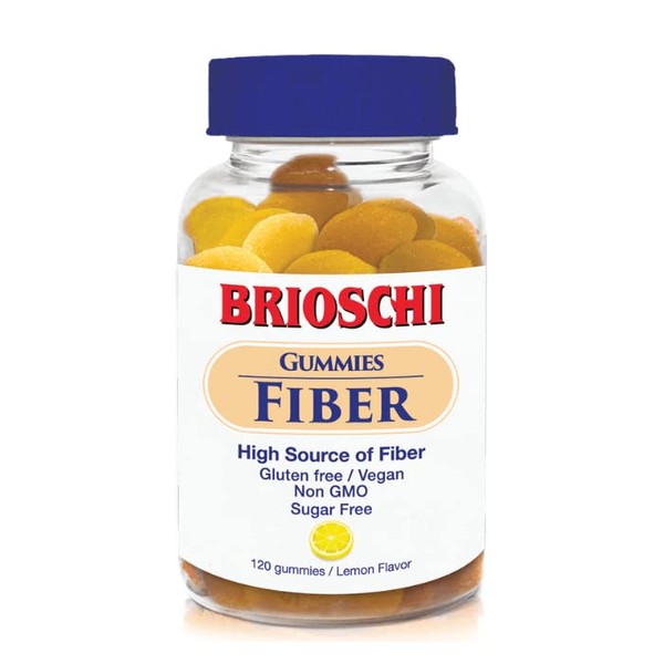 Brioschi Fiber Gummies Lemon Flavored, Gluten-Free Vegan Non-GMO Gelatin-Free, High Source of Fiber, Sugar-Free, 120 Count