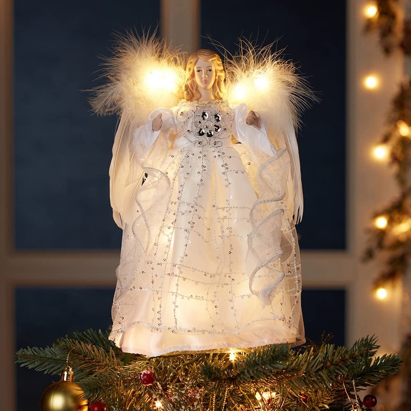 10-Inch Battery-Operated Silver and White Fairy Lighted Angel Tree Topper