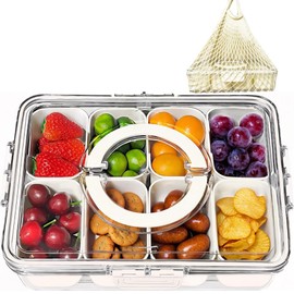 Amersis Divided Snackle Box with Handle Food Serving Tray Charcuterie Board with Lid Stackable Fruit&Veggie Container (1 pack with 8 compartments)