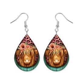 Floral Highland Cow Earrings - Western Earrings - Animal Earrings - Teardrop Earrings - Raindrop Earrings - Wood Printed Earrings