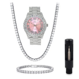 Techno Pave Womens 44mm Iced Solitaire Bezel Watch and Chain & Bracelet Set - Silver with Pink Dial