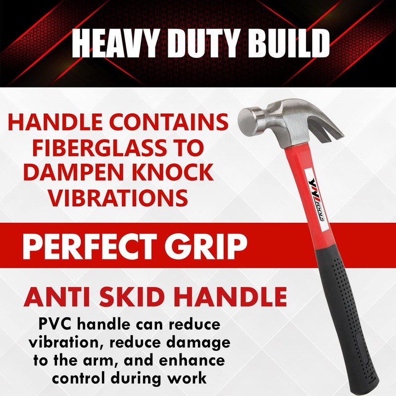 YIYITOOLS Claw Hammer With fiberglass Handle – 16-oz, Red and