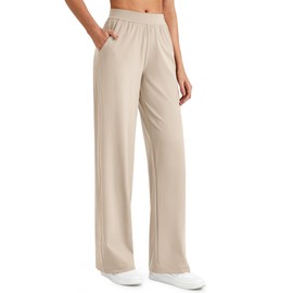 G4Free Womens Dress Pants Stretch Wide Leg Workout Yoga Trousers with Pockets Business Casual Office Slacks Elastic High Waist (Light Khaki,L,29")
