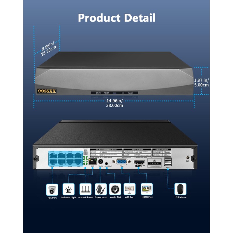 OOSSXX 8.0/4K Megapixel Security POE NVR Network Video Recorder, No