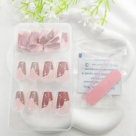 Short Press on Nails Coffin Fake Nails with White Star Dot Desingn Glue on Nails Brown French Tip Nails Press ons Glossy Artificial Stick on Nail for Women Girls 24Pcs