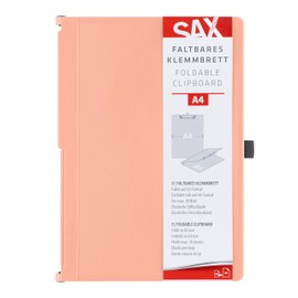 Sax SAX Faltbares Klemmbrett, Grapefruit, Clipboard, A4 auf A5, hoch- und Querformat, ideal für Reisen und Business, für 30 Blatt, inkl. elastischem Verschlussband und Stiftschlaufe, langlebig & stoßfest