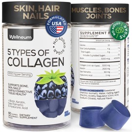 Collagen Peptide Gummies for Women and Men - Collagen Gummy Supplement for Healthy Hair, Skin, Nails and Bones - Hyaluronic Acid, Biotin, Keratin, Saw Palmetto - Sugar Free, No GMO and Gluten, 60 Pcs