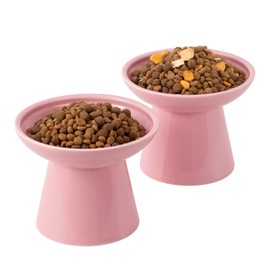 CEEFU Extra Wide Elevated Ceramic Cat Bowl, 6.2" Shallow Dish for Whisker Fatigue Relief, 5" Height for Easy Feeding, Durable Raised Cat Food Bowls, Pack of 2, Pink