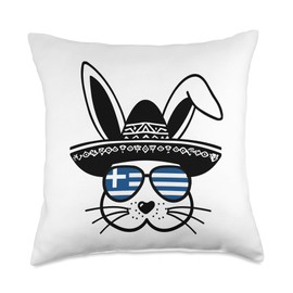 Easter Bunny Rabbit Greece Flag Greek Easter Holiday Throw Pillow