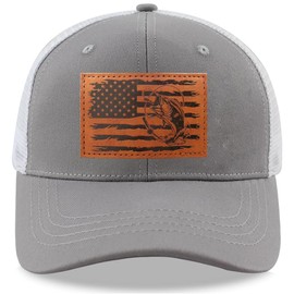 Cywmcuvp Leather American Flag Fish Trucker Hats for Men Women, Father’s Day Birthday Gifts, Embroidered Adjustable Hunting Fishing Mesh Snapback Baseball Cap Gray