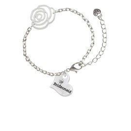 Delight Jewelry Silvertone Large Bridesmaid Heart - Silver-tone Flower Link Chain Bracelet, 6.75"+2" Extender