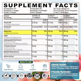 Magnesium Glycinate Liquid Drops for Kids, Adults with GABA, Ashwagandha, L-Theanine, Vitamin D3, B6, Saffron for Brain Calm, Muscle Relaxation, Mood,