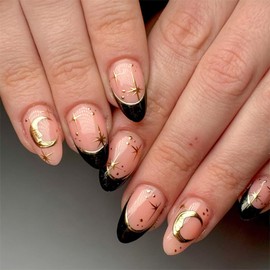 SINHOT Almond Press on Nails Medium Fake Nails Glossy Glue on Nails Gold Chrome Moon Star Acrylic Nails Stiletto Artificial Nails Black French Tip Stick on False Nails with Design 24 pcs