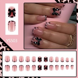 Square Press On Nails Short Fake Nails Leopard Print With Bow Design French Tip False Nails Full Cover Acrylic Nude Glue On Nails Cute Stick On Nails For Women Girls Manicure Decorations 24pcs