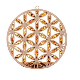 Suncatcher Amber in Birch Wood Flower of Life Window Decoration Diameter 10 cm