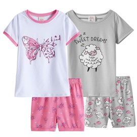 MyFav Girls Pajama Set Cute Butterfly Pattern Nighty Comfy Shorts Summer Sleepwear 4-piece,White Butterfly，7Y