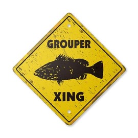 Grouper Vintage Crossing Sign Zone Xing | Indoor/Outdoor Plastic | 12" Tall Rustic Florida Offshore Fishing Fisherman Lures Fish Lover