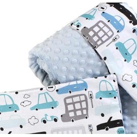 Medi Partners Baby Blanket Crawling Blanket with Cushion 100% Cotton Minky Children's Blanket Large Double-Sided 75 x 100 + 35 x 30 cm Multifunctional for Bed Pushchair (Cars with Light Blue Minky)