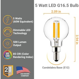 Diodesy- G16.5 LED Filament Light Bulb 5W (60W Equivalent) 500 Lumen Dimmable 5000K Bright White E12 Candelabra Base Pack of 6- Small Globe Edison Clear Glass for Chandelier Ceiling Fan Vanity Pendant